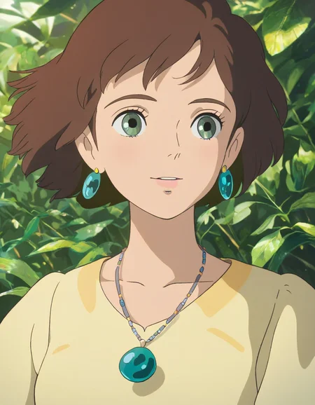 Studio Ghibli, hand-drawn animation style,
masterpiece, high score,
girl, portrait, illustration, brown hair, green eyes, yellow dress, necklace, earrings, plant, leaves
<lora:Ghibli_xl_v2:1>