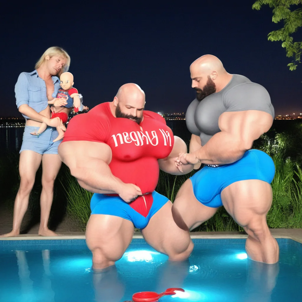 muscular, tight shirt, 6+boys, large pectorals, bald, holding, thick arms, shirt, solo, sex toy, night, heart censor, blonde hair, blue pants, red shorts, thighs, water, beard, huge breasts, penis peek, mature male, cum, thighhighs, pectoral cleavage, grey pants, white male underwear, short hair, brown hair
