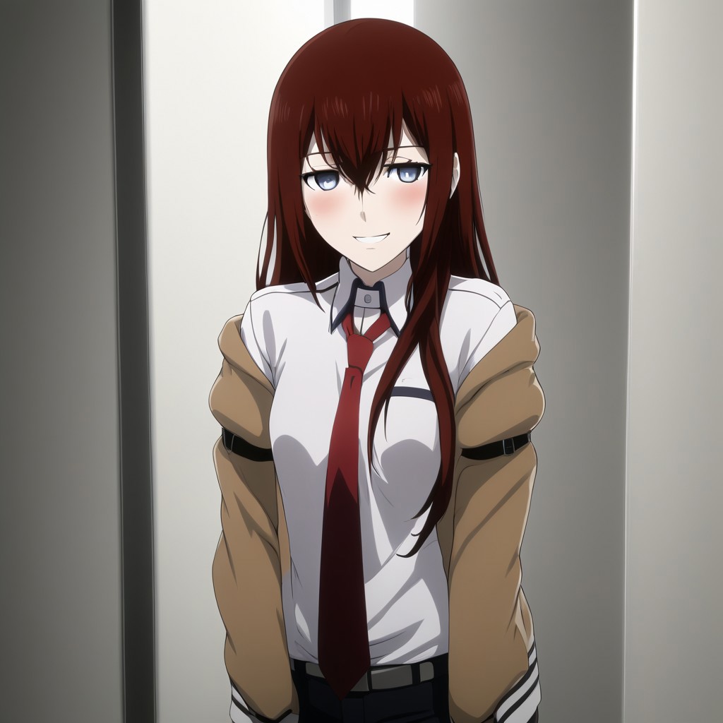 A naughty image of Makise Kurisu leaning forward at the viewer , white shirt , red necktie , arm-up , jacket , naughty blush on face , smiling , anime style