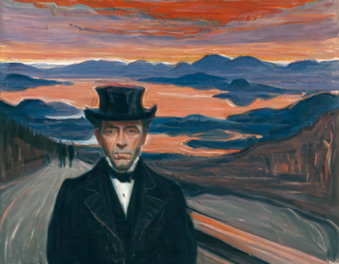 <lora:mnch:1>mnch, man wearing a hat on bridge with two other men in the background with a lake mountains and reddish orange sky