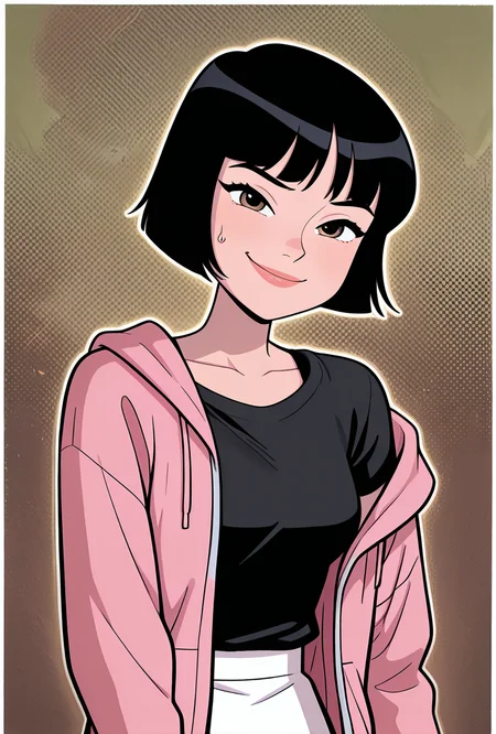 cartoon, screencap, <lora:julieaf:1> julieaf, 1girl, short hair, black hair, lips, white skirt, pink hoodie, hoodie over skirt , smile, expressive face, open jacket, open hoodie, off shoulder hoodie, black under shirt, sweating,, masterpiece, best quality, amazing quality, very aesthetic, absurdres, newest,, upper body, halftone effect, white borders, abstract background:1.2,