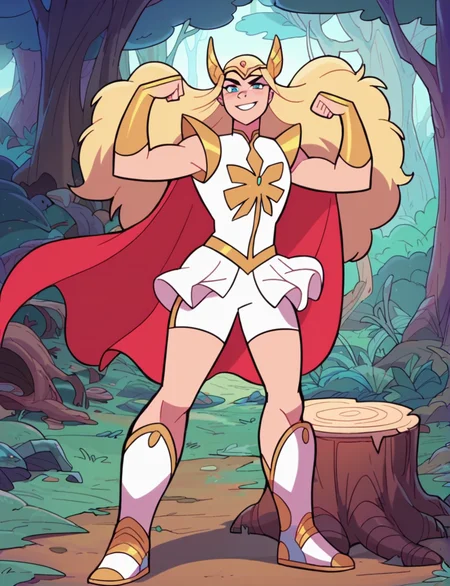 score_9, score_8_up, score_7_up, score_6_up, <lora:Pony_DetailV2.0:0.75>, perfect lighting, solo, full body, <lora:shera:0.8> 1girl, long hair, blonde hair, blue eyes, armor, shoulder armor, cape , red cape, skirt, shorts, boots, tiara, shorts under skirt, outside, forest, stump, smile, pleased, smug, looking at viewer, standing, flexing,