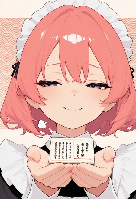 portrait, minimalism, blending, sigh, happy, half-closed eyes,
offering, averting eyes,
CivChan, purple eyes, pink hair,
detailed background,
hamada_yoshikazu, tsubonari, seigaiha,
masterpiece, absurdres, newest, [dynamic pose]