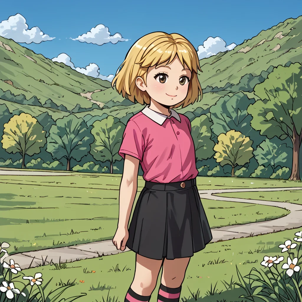 outside, <lora:EmilyElizabethHoward_Clifford_PXL_Leaf1:1> emilyelizabeth, 1girl, solo, female child, , short hair, blonde hair, shirt, skirt, striped socks