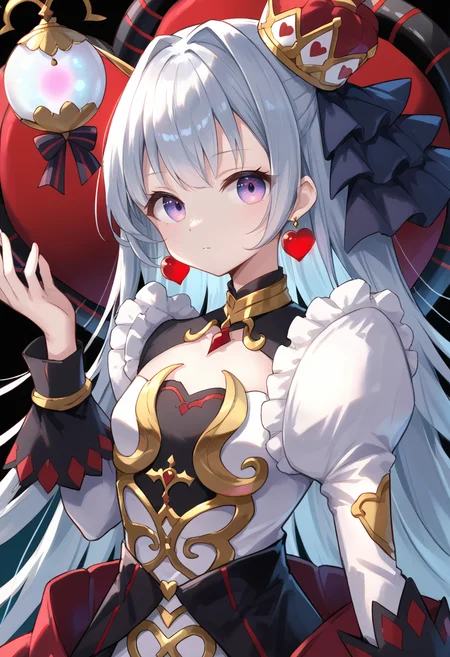 (score_9:0.9),score_8_up,score_7_up,rating_safe,anime style,(zPDXL),(zPDXL3),<lora:MALICE Queen Hearts of Crypter ponyXL v1:0.71>,mâlice queen hearts of crypter, 1girl, solo, heart earrings, hand up, closed mouth, red crown, looking at viewer, metal orb, upper body, multicolored dress, small breasts