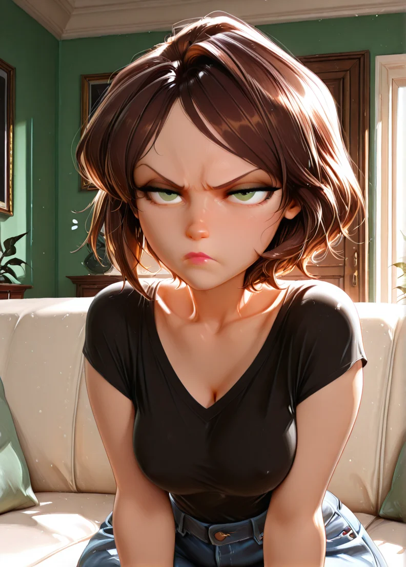 masterpiece, best quality, amazing quality, very aesthetic, absurdres, newest, detailed background, indoors, ( official style:1.2),
cassxd, 1girl, solo, short hair, brown hair, green eyes, looking at viewer, collarbone, lips, makeup,
black shirt, jewelry, denim pants,
medium breasts,sitting, couch, milf, curvy, large thights,  wide hips,
annoyed,
<lora:Aunt_Cass_Hamada_-_Disney_Illustrious:1>,  <lora:Expression_Detailer_Illustrious_Lora:0.75>