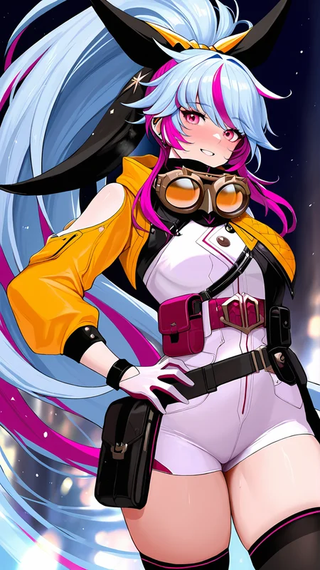 amazing quality,absurdres,best quality,masterpiece,highres,newest,detailed,detailed body,detailed face,masterpiece,best quality,solo,
dnfèé£Â·æ
人,1girl,multicolored hair,streaked hair,solo,black thighhighs,long hair,goggles around neck,ponytail,pink hair,blue hair,belt,white shorts,pouch,gloves,pink eyes,very long hair,<lora:dnfèé£Â·æ
人:0.85>,
