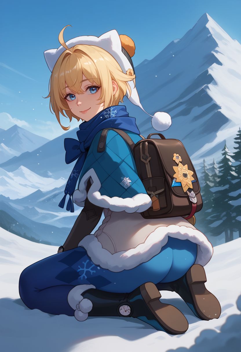 score_9, score_8_up, score_7_up, source_anime, 1girl, lynxlandaudef, 1girl, blue eyes, blonde hair, short hair, ahoge, hat, blue scarf, fur trim, fur-trimmed capelet, blue capelet, white jacket, winter clothes, blue pantyhose, snowflake print, black elbow gloves, watch, fur-trimmed boots, bag, can, wariza, kneeling, smile, looking at viewer, outdoors, snow, mountain, close-up, hand on hip, upper body, from behind, looking back, back, ass, <lora:LynxLandau_v1-000010:1>