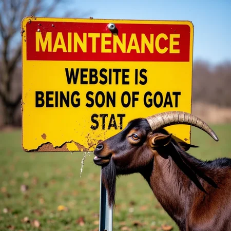 a yellow and red warning maintenance sign, (text reads, ("MAINTENANCE: WEBSITE IS BEING SON OF GOAT!")), a real goat is eating the bottom edge of the sign and has damaged it,
highest quality