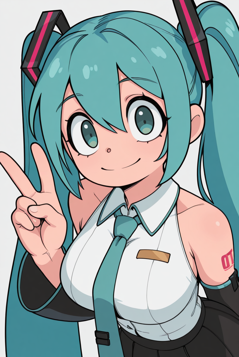 sslt, masterpiece, best quality, absurdres, highres, high quality, highly detailed linework, aesthetic, 1girl, hatsune_miku, long hair, blue hair, twintails, aqua green eyes, looking at viewer, smile, single v, large breasts, dress shirt, tie, detached sleeves, skirt, portrait, simple background,