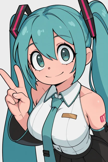 sslt, masterpiece, best quality, absurdres, highres, high quality, highly detailed linework, aesthetic, 1girl, hatsune_miku, long hair, blue hair, twintails, aqua green eyes, looking at viewer, smile, single v, large breasts, dress shirt, tie, detached sleeves, skirt, portrait, simple background,