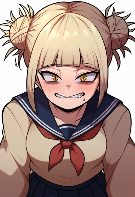 Toga_Himiko, yellow_eyes, blonde_hair, double_bun, slit_pupils, messy_hair, medium_hair, sidelocks, medium_breasts, brown_cardigan, blue_sailor_collar, school_uniform, red_neckerchief, blue_skirt, miniskirt, sexy pose, psychotic look on face,