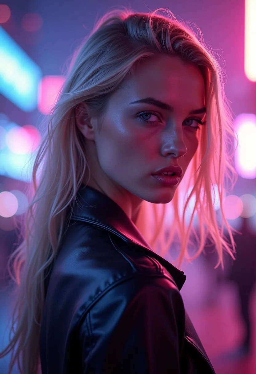 A stunning blonde female in a profile portrait, her sharp features highlighted by the neon glow around her. Her piercing blue eyes lock onto the viewer with an intense, Amazonian gaze, radiating confidence and power. The background is a futuristic cityscape at night, a blur of towering skyscrapers and glowing neon signs that blend into a kaleidoscope of colors. A neon color gradient overlays the scene, casting her face in hues of electric blues, purples, and pinks. Soft bokeh lights dance across the image, creating a dreamlike effect, while the light catches the delicate strands of her hair, making them shimmer like spun gold. The atmosphere is electric and surreal, the neon lights reflecting in her eyes, enhancing her allure with a vibrant, otherworldly beauty.
