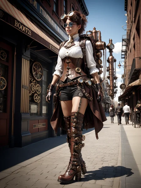 woman walking through steampunk city, boots, gloves, backpack, mad-stpk-bts, mad-stpk-bkpk, mad-stpk_glvs <lora:Gearbound_Steampunk_Chic_1_SDXL:0.6>, masterpiece, best quality, ultra high res, (photorealistic, realistic:1.2), deep shadow, raw photo, film grain, Fujifilm XT3, 8k uhd, dslr