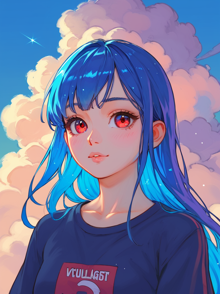 PDXL,  <lora:WaccaV1:1>, w4cc4, volumetric reflections, volumetric shadows, HDR, shot on Canon DSLR,
1girl, cute face, detailed eyes, long blue hair, red eyes, upper body BREAK galaxy in the background, clouds