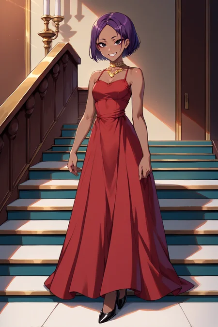 score_9, score_8_up, score_7_up, score_6_up, source_anime, 1girl, solo,  <lora:vc4chiara-pdxl-nvwls-v1-000006:1> vc4chiara, purple hair, short hair, dark-skinned female, black eyes, red dress, spagheti straps, long dress, high heels, full body, indoors, stairs, looking at you, smile, gold necklace