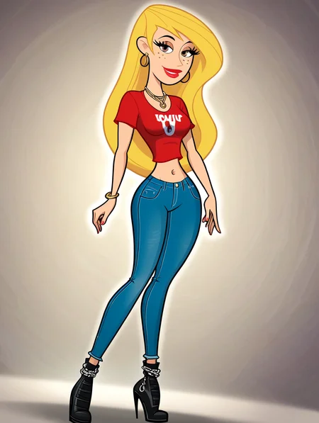 score_9, score_8_up, score_7_up, (toon \(style\):1),(flat colors:1),facing viewer,ultra high quality,ultra high resolution,ultra , seductive,(extremely detailed), detailed background,,(masterpiece, best quality, high quality, highres, ultra-detailed),full body,inside, bedroom in background, spotlight effects.,close up, cowboy shot,   dutch angle ,perfect eyes,perfect face,,narrow waist,perfect breasts,perfect eyes,perfect face,eager expression,earrings,facing viewer, 
<lora:Veronica_Stoppable:0.9> veronica stoppable, toon (style), flat color, freckles, narrow waist,  brown eyes, long hair,  long eyelashes,  long hair, brown eyes, seductive smile, long eyelashes, medium breasts, wide hips, long legs, red lips, looking at viewer,blonde hair, form-fitting designer graphic t-shirt, high-waisted skinny jeans, sleek ankle boots. oversized sunglasses,  chunky gold chain necklace,  designer handbag.midriff,