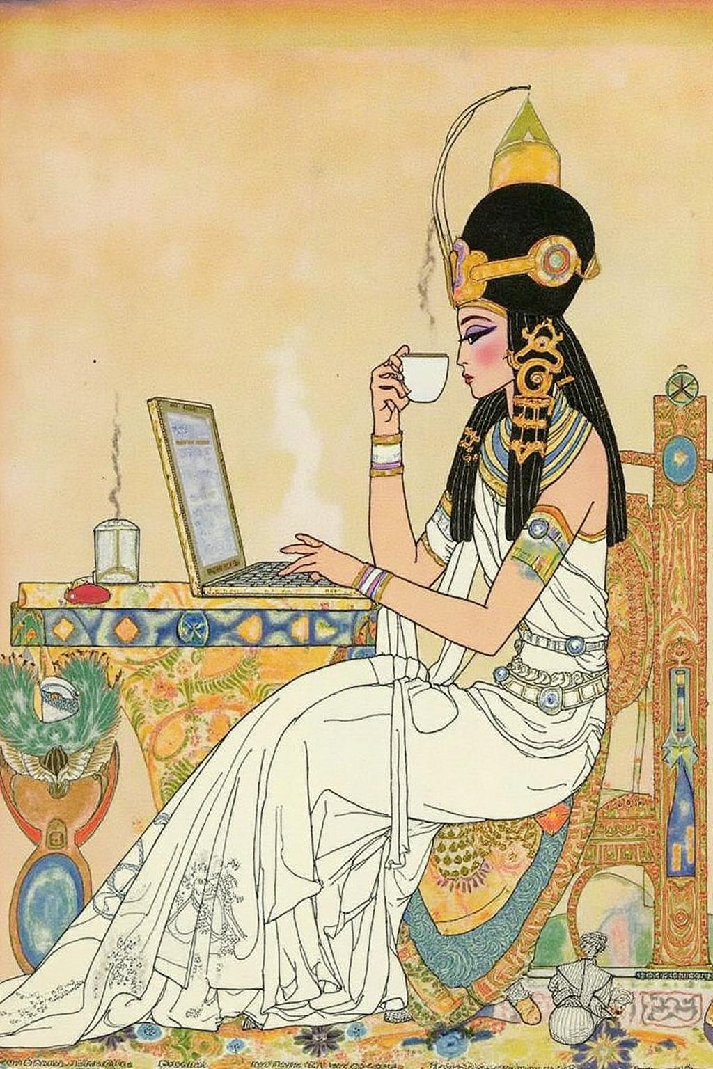 kaynielsen1 illustration.
Egyptian Queen Cleopatra working on her laptop while drinking coffee. 
 <lora:kaynielsen1_d8a4e12:1.0><lora:866148712848561120:0>