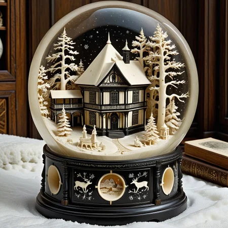 masterpiece, film grain, 
made out of, ebony, ivory, scrimshaw, bone carving, interior of snow globe, cozy room,
