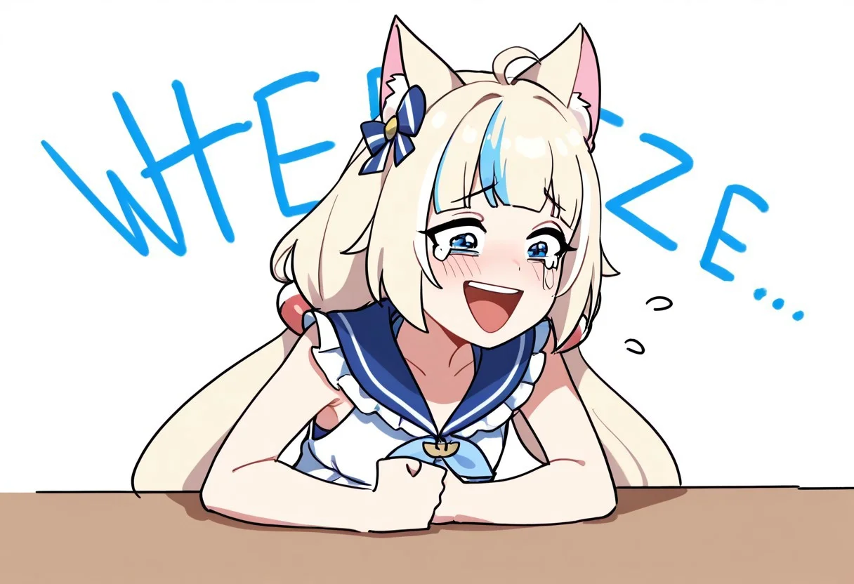 masterpiece, best quality, solo,
zzSaba, blue eyes, ahoge, animal ears, blonde hair, blue hair, multicolored hair, streaked hair, long hair, low twintails, hair bow, sleeveless, frilled dress, blue sailor collar, sailor dress,
wheeze, upper body, laughing, tears, clenched hand, crying, english text, hand on table, open mouth