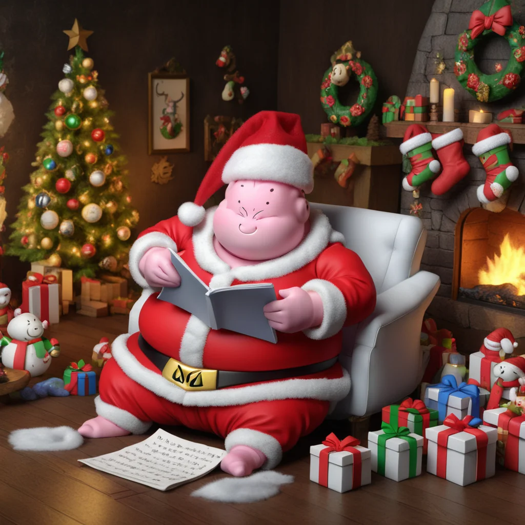 majinxmas, majin buu wearing a santa hat, lying on the floor, writing a resolution list in a cozy living room decorated with festivities decorations, next to a fireplace.
<lora:Majinbuu-festivex:0.8>