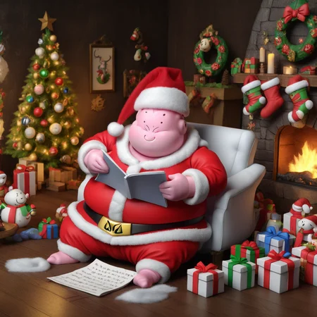 majinxmas, majin buu wearing a santa hat, lying on the floor, writing a resolution list in a cozy living room decorated with festivities decorations, next to a fireplace.
<lora:Majinbuu-festivex:0.8>