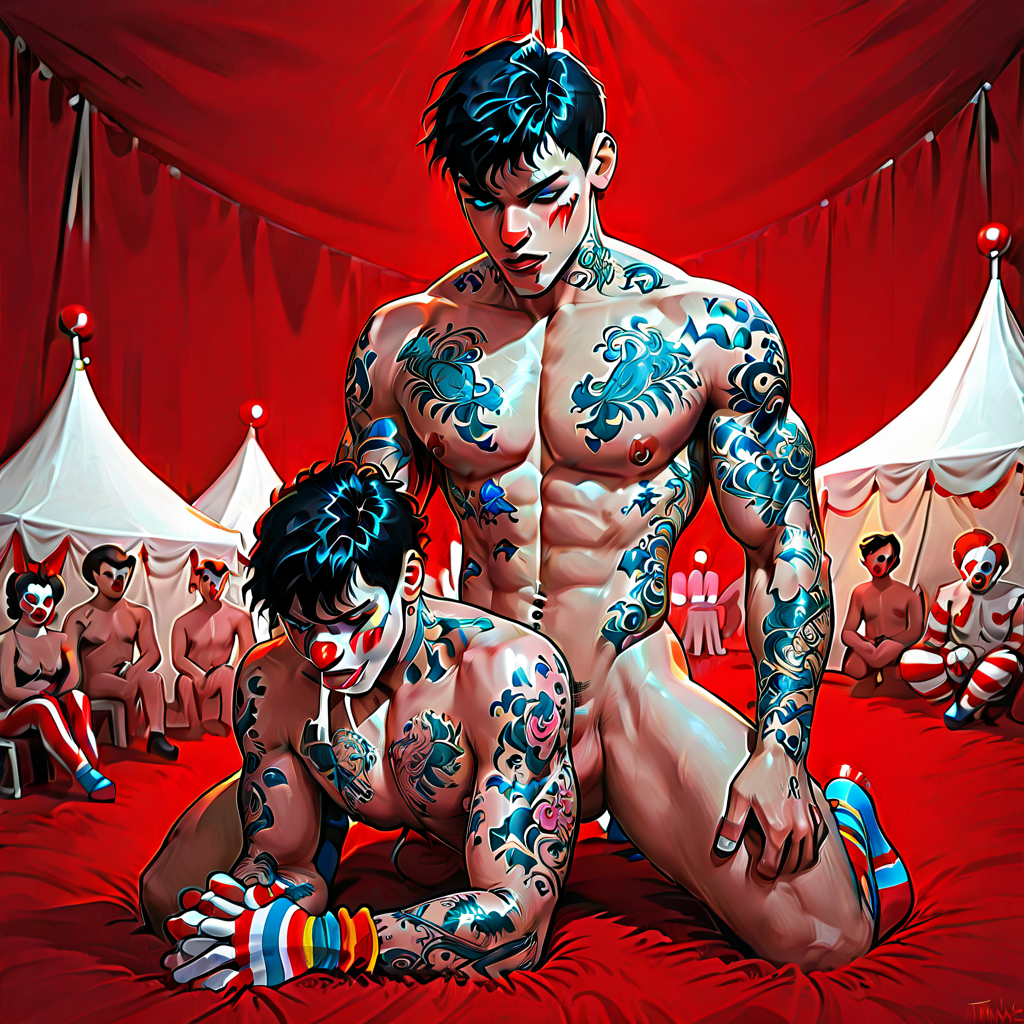 2boys, tattoo hunk (muscular, black hair, lots of upper body tattoos) receives blowjob, circus twink sucking big cock