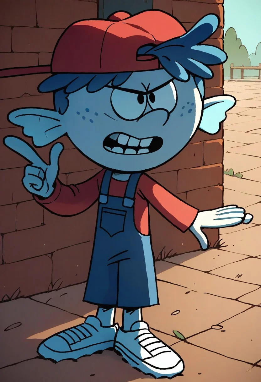 (score_9 | score_8_up | score_7_up) ((masterpiece:1))(best quality,very high quality,ultra detailed:1.2) (2D,cartoon style,anime style)(Smooth:2)(clean blurring) (four fingers on each hand,one thumb on each hand:1), Leif Loud, solo, 1boy, missing teeth, red baseball cap facing backwards, blue overalls, white shoes, light aquamarine skin color, dark-blue tentacle hair, freckles, large fins acting as ears