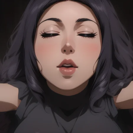 anime, <lora:sd15_lora_beta:0.1>, <lora:ETO_OC:0.1> ETO-OC, <lora:ETO_OCC006:0.8>, ETO_OCC, (curly hair:1.3), (long hair:1.1), (black hair:1.8), thick eyebrows, (plump), ((1girl)), (closed eyes), (parted bangs:1.8), (apple-cheeks, round-face, round-chin), (anime screencap:1.8), (edgQuality:1.5), <lora:PovKiss_FefaAIart:0.8> pov, kiss, peck lips, round lips, thick lips, incoming kiss, outstretched arms, dress, close-up