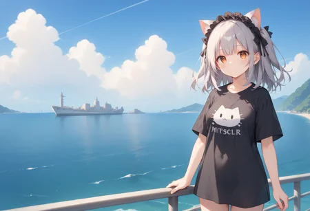 1 girl,solo,medium,short,medium breasts,
shiny hair, delicate hair, beauty skin,
large eyes,orange eyes,ultra-detailed-eyes,
straight hair,long hair,light silver hair,hair intakes,
black ribbon head,two side up,black knee-high socks,
ruffle headband,cat ears,
black(oversized T-shirt:1.4),cat print,
blush,happy,looking at viewer,
standing,
luxury city,sea,port,
nsfw,
<lora:noribsXL_001_4:3>,<lora:add-detail-xl:3>,
score_9, score_8_up, score_7_up, source_anime, <lora:Fixhands_anime_bdsqlsz_V1:1>,
masterpiece, highres, ultra detailed, best quality, extremely detailed face, uncensored, perfect lighting,<lora:sidepositionxl_r2:0.6>