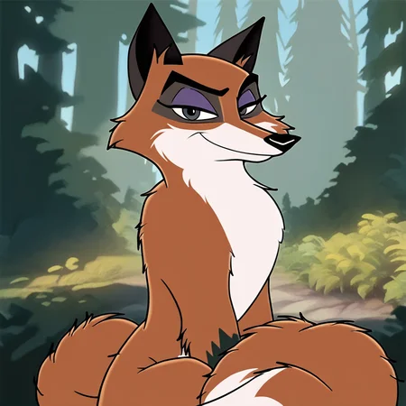 score_9, score_8_up, score_8, furry, CTrickster, fox, cartoon style, 2d, feral, solo, sitting, looking at viewer, smug expression, outside, forest