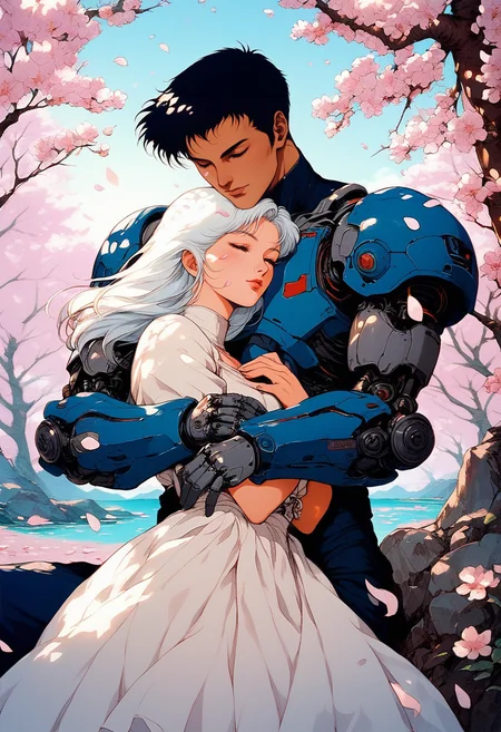 (score_9, score_8_up), score_7_up, 1girl, long hair, short hair, black hair, 1boy, manly, blue hair, white hair, hetero, outdoors, tanned skin, tree, petals, hug, cherry blossoms, science fiction, android, cyborg, sci-fi, fantasy, mechanical arms, dress, retro
<lora:nostalgia-000011:0.8>