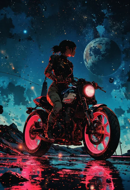 A futuristic cyberpunk scene featuring a sleek, neon-lit motorcycle parked on a reflective surface that mirrors the vast expanse of space. A confident female rider with short black hair and a form-fitting, futuristic outfit sits on the bike, gazing into the cosmic horizon. The neon pink rims and accents of the motorcycle glow vibrantly against the deep blue night sky, where city lights from Earth shimmer in the background. The scene has a surreal, dreamlike quality, blending science fiction aesthetics with a sense of solitude and adventure. The reflections on the surface add depth, making it feel as if she is riding on the edge of the universe.