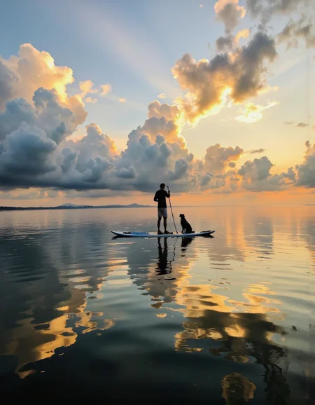 wavefun. A photo-realistic shoot from the side about a man and his dog paddle boarding on a calm lake during sunset. the image also shows a silhouette of a man standing on a stand-up paddleboard, holding a paddle, with his dog sitting beside him. the man is facing away from the viewer, and the dog is looking up at him. the water is calm and still, reflecting the warm colors of the sunset sky, which includes orange, pink, and blue hues. the sky is filled with fluffy white clouds, creating a peaceful atmosphere. the overall mood is serene and peaceful, with a sense of calmness and tranquility. <lora:Wind_&_waves_:0.9>