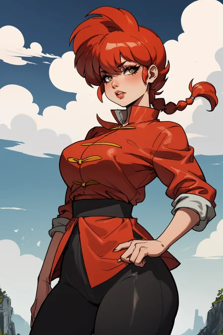 1girl, (solo:1.2), (cowboy shot:1.2), (looking at viewer:1.3),
<lora:Ranma - Ranma-chan [justTNP - v1.0]:1> femaleranma, braided ponytail, (chinese clothes:1.2), tangzhuang, black pants, (red chinese style jacket:1.3), curvy, large breasts, young female, (energetic:1.2)
BREAK <lora:Maniacpaint [MockAi - v1.0]:0.85> maniacpaint, (sketchy lineart:1.2), sketchy shading, simple shading
BREAK intricate details, (masterpiece:1.3), (best quality:1.3), (perfect anatomy:1.4) BREAK, (beautiful white clouds:1.3), puffy clouds, white sky