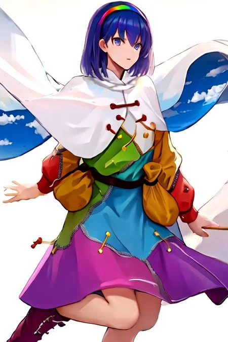 solo_focus, 1girl, ((white background, simple background)):2, (((masterpiece))), ((best quality)), ((ultra-detailed)), high resolution, absurdres, highres, ultra-detailed 8k unity wallpaper, 
Tenkyuu Chimata, multicolored hairband, multicolored dress, zipper lines (clothes), cape, cloud print, brown bag belt, pink boots,
