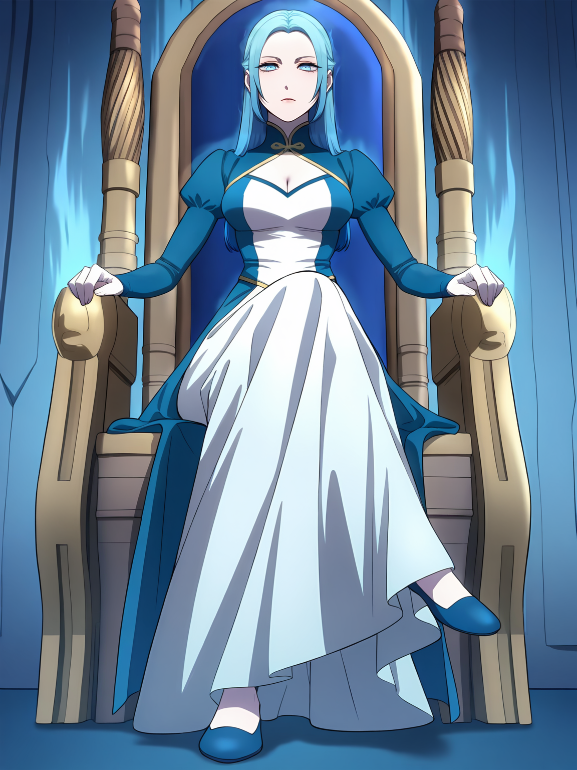 <lora:Alicia:0.8>, alicia, 1girl, solo, long blue hair, short sidelocks, blue eyes, pale skin, cleavage cutout, long blue dress, blue high collar, blue puffy sleeves, white corset, gold trim, blue shoes, serious, intense gaze, narrowed eyes, closed mouth, sitting on throne, arms on armrests, aura, frontal view, full body, indoors, blue wall, crossed legs