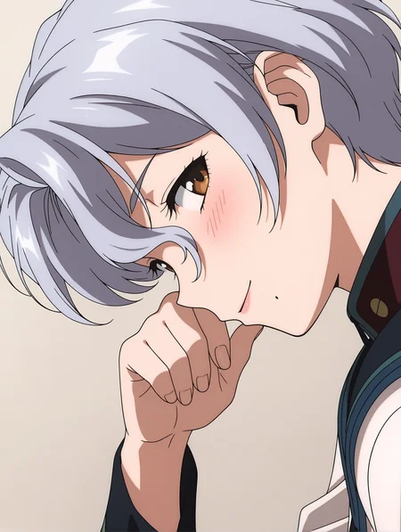 masterpiece,best quality,newest,
1girl,solo,anime screencap,
<lora:Sally_Saint_Ford_ilxl_v1.1:1>,s_s_f,grey hair,brown eyes,mole under mouth,s_clothes,
<lora:Fixhands_anime_bdsqlsz_V1:1>,simple_background,white_background,looking_at_viewer,blush,upper_body,profile,seductive_smile,cheek rest,