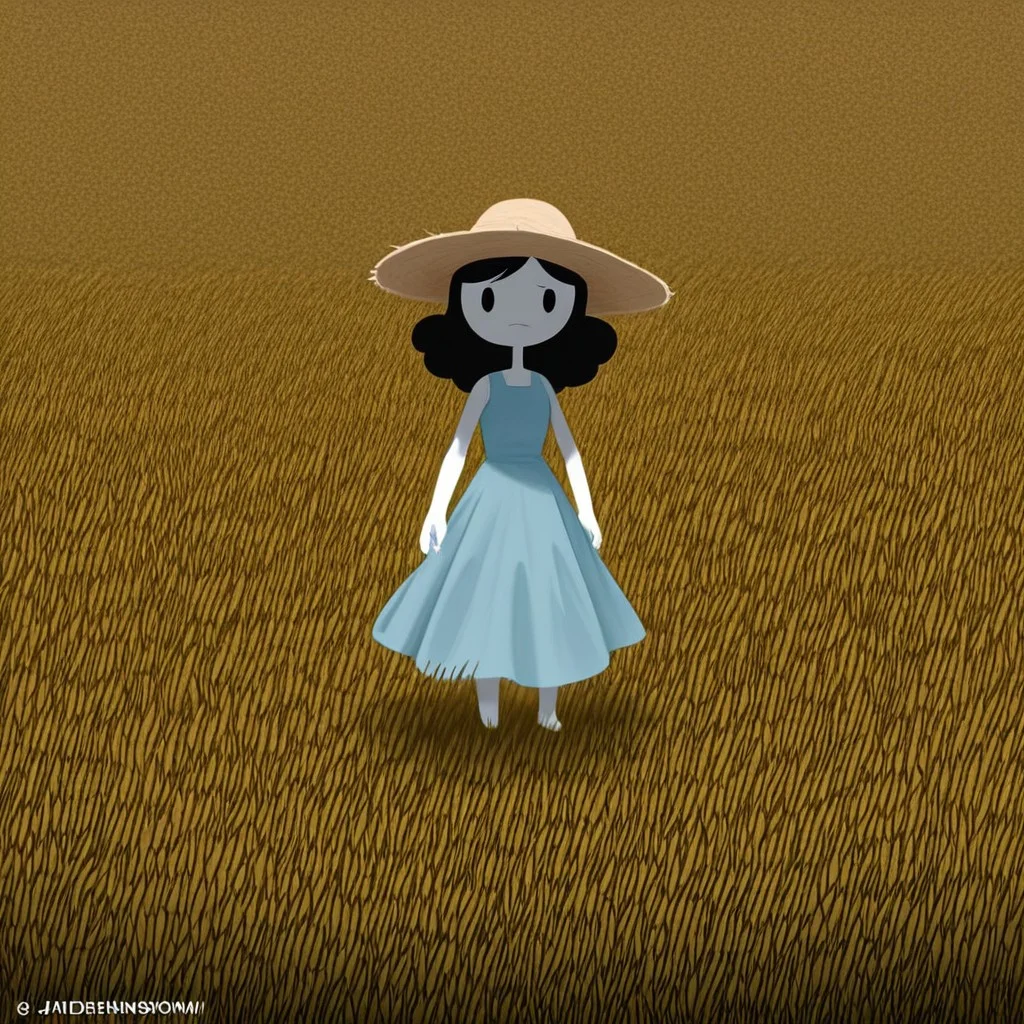 Jaidensmom, solo, 1girl, Black oval eyes, Age lines, Black eyes, White skin, Colored skin, No sclera, Black hair
Jaidensmom wearing a light blue dress and a straw hat. Jaidensmom walks through a field.