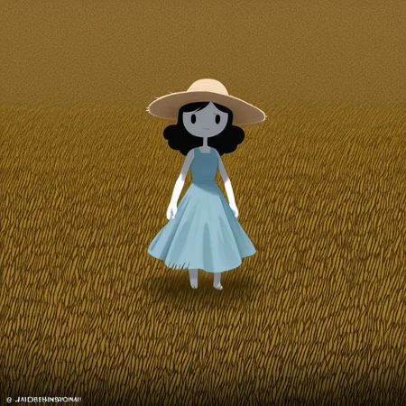 Jaidensmom, solo, 1girl, Black oval eyes, Age lines, Black eyes, White skin, Colored skin, No sclera, Black hair
Jaidensmom wearing a light blue dress and a straw hat. Jaidensmom walks through a field.