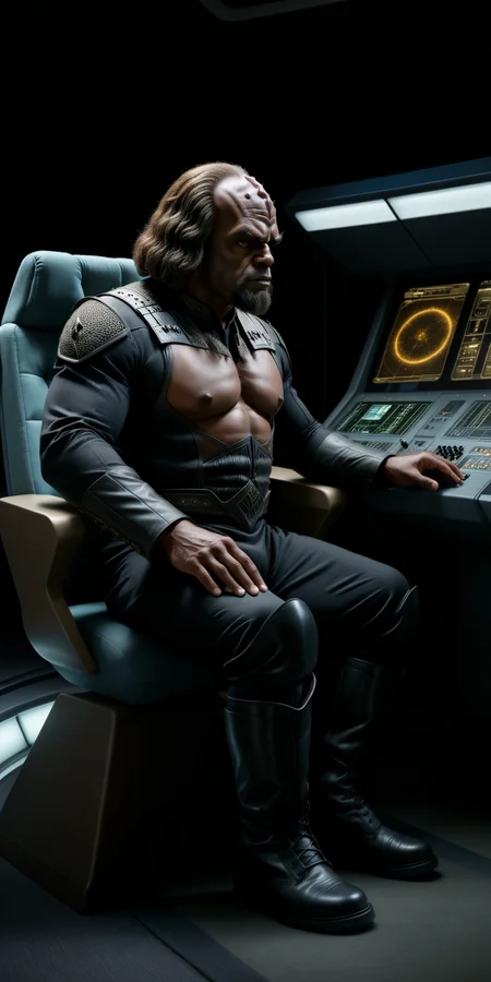 (masterpiece:1.5), realistic, (full body shot:1.2), cinematic, photograph, WORF, sitting in a chair at a control panel on the bridge, (black combat boots:1.5)), (cinematic lighting:1.3), (sharpen light:1.2), (intricate shadows:1.3), cinematic shot, high resolution, cinematic lighting, reflections, HDR, 8K resolution, <lora:Star Trek TNG SDXL v1:0.75> <lora:Perfect Hands v2:0.7> <lora:2BoutOvalSDXL2:1>