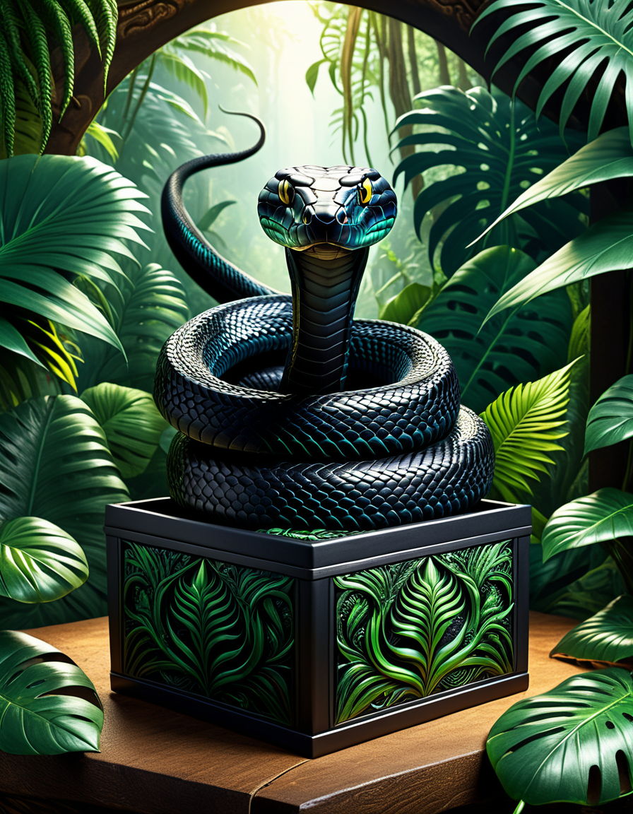 high quality, masterpiece, black mamba snake in a jungle box design, ready to strike, elaborate fantasy style art, intricate details, ultra sharp, backlit, exquisite detail, flawless composition <lora:Monster_in_a_Box_SDXL:0.8>