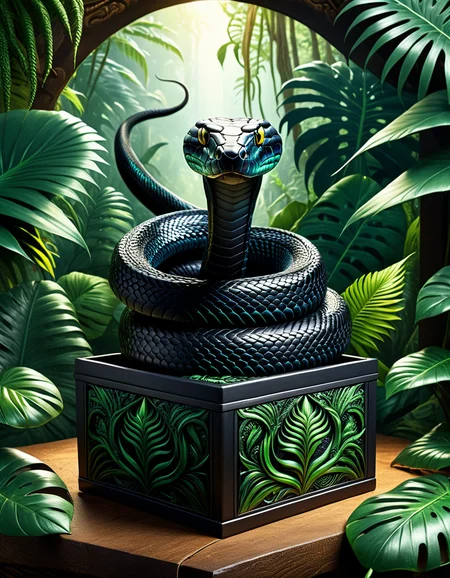 high quality, masterpiece, black mamba snake in a jungle box design, ready to strike, elaborate fantasy style art, intricate details, ultra sharp, backlit, exquisite detail, flawless composition <lora:Monster_in_a_Box_SDXL:0.8>