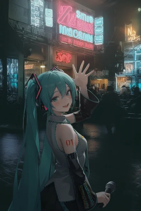 1girl, hatsune miku, waving, microphone in hand, large smile, neon lights, photo background, realistic background, masterpiece, best quality, good quality, newest, very aesthetic, absurdres