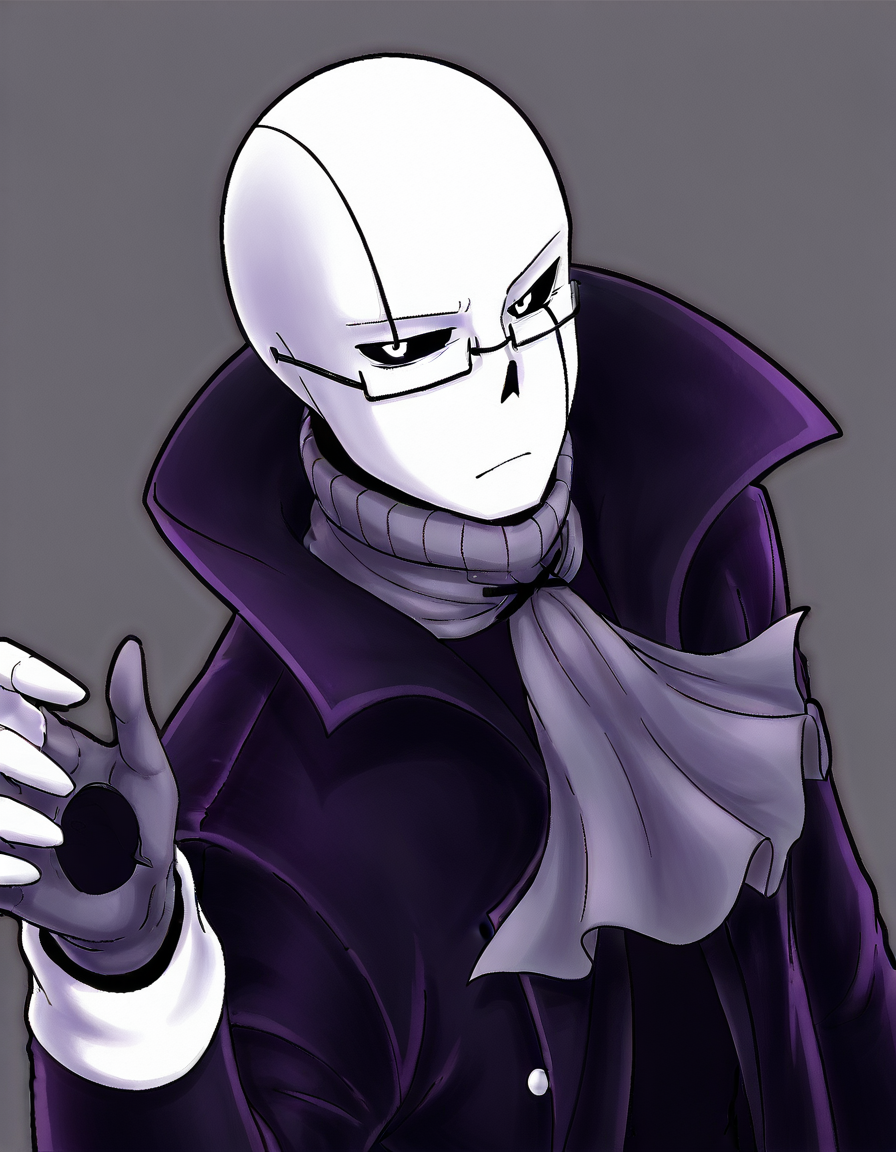 solo, looking at viewer, simple background, 1boy, gloves, upper body, male focus, glasses, grey background, ascot, high collar, under-rim eyewear, black sclera, popped collar, <lora:XGaster:0.8>, neg \(101neg\)