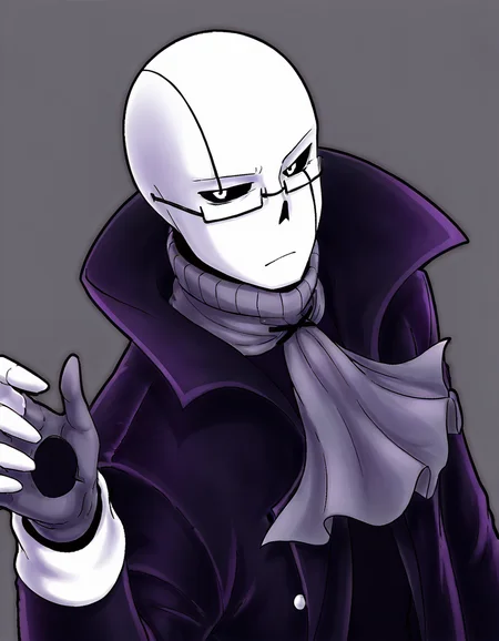 solo, looking at viewer, simple background, 1boy, gloves, upper body, male focus, glasses, grey background, ascot, high collar, under-rim eyewear, black sclera, popped collar, <lora:XGaster:0.8>, neg \(101neg\)