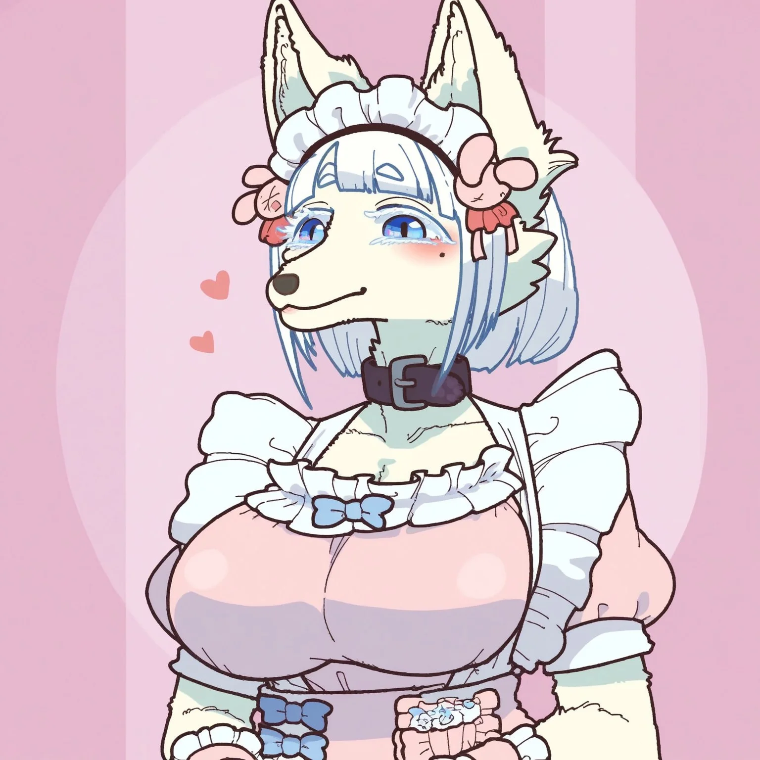 safe_pos, safe_pos, score_9, score_8_up, score_8. score_9, score_8_up, score_7_up, score_6_up, masterpiece, 4k, high quality, (best quality:1.1), ExpressiveH,
BREAK
1girl, dress, breasts, wrist cuffs, collarbone, happy, puffy sleeves, mole under eye, blue eyes, looking at viewer, facing viewer, front view, angry, fox ears, closed mouth, frills, body fur, furry female, animal nose, pink dress, black glooves, hearts, Forming heart with fingers, tail, white hair, blue hair, blunt bangs, furry, animal ears, huge breasts, Arching back, (from chest up), bouncing breasts, pink background, portait, cute, blushing