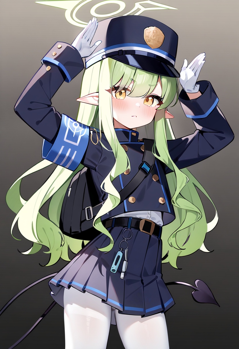 1girl, hikari \(blue archive\), blue archive, peaked cap, green hair, long hair, yellow eyes, pointy ears, white gloves, white pantyhose, demon tail, blue armband, blue uniform, cowboy shot, belt chain, arms up, white background, :(, black backpack, gradient background, <lora:HikariBArank64:1>, masterpiece, best quality, very aesthetic, absurdres