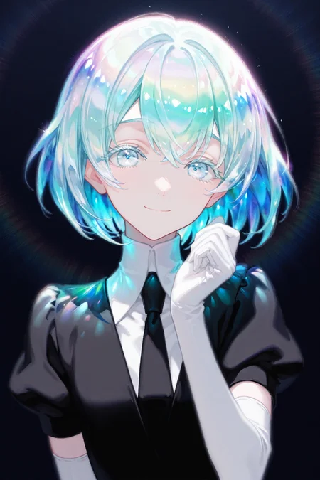 masterpiece,best quality,1girl,solo,gem uniform (houseki no kuni),diamond \(houseki no kuni\),gloves,solo,elbow gloves,1girl,necktie,short hair,looking at viewer,white gloves,short sleeves,androgynous,smile,shirt,puffy sleeves,multicolored hair,puffy short sleeves,collared shirt,upper body,black necktie,rainbow hair,<lora:Moch_Illu_Edition:0.7>,MCHI-Illu,