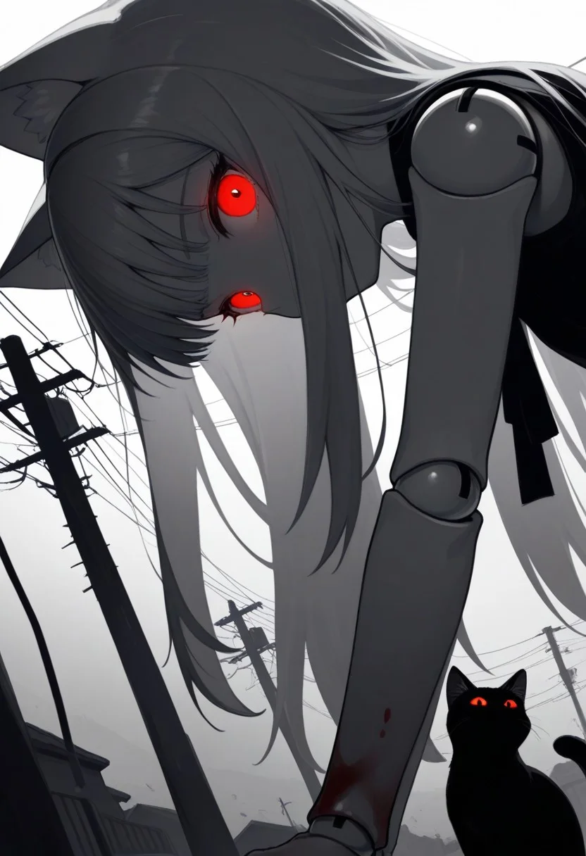 masterpiece, best quality, high quality, newest, high definition, absurd, Sinozick_illu, 1girl, cat, red eyes, animal ears, long hair, glowing eyes, spot color, black cat, glowing, cat ears, looking at viewer, solo, animal, white background, sleeveless, bare shoulders, bare arms, blood, plain background, power lines, bangs, no face, dutch angle, dark_theme, soft_lighting, se_doll_joints
